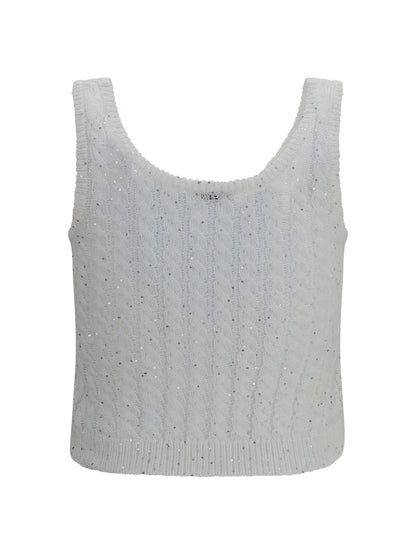 BRUNELLO CUCINELLI White linen knit Tank Top with sequins