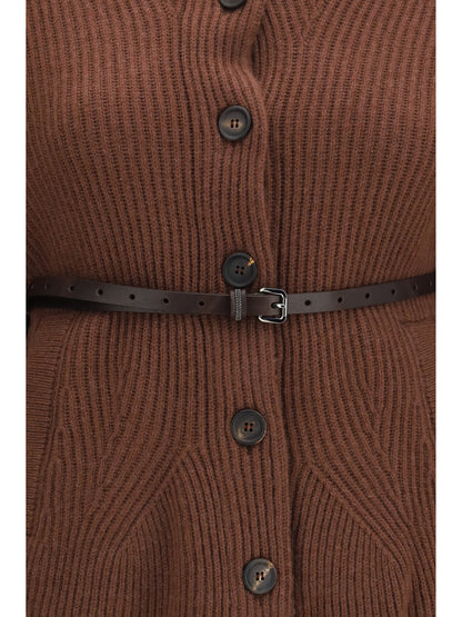 Brunello Cucinelli High neck Cardigan with belt - Cioccolato
