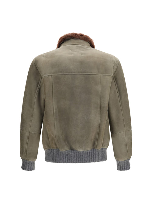Brunello Cucinelli Waxed shearling Jacket with shearling collar - Militare+Piombo