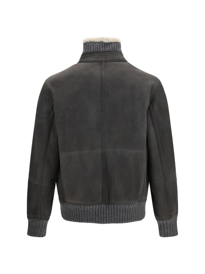Brunello Cucinelli Shearling Jacket with zip and high neck - Acciaio Pelo Ecru'