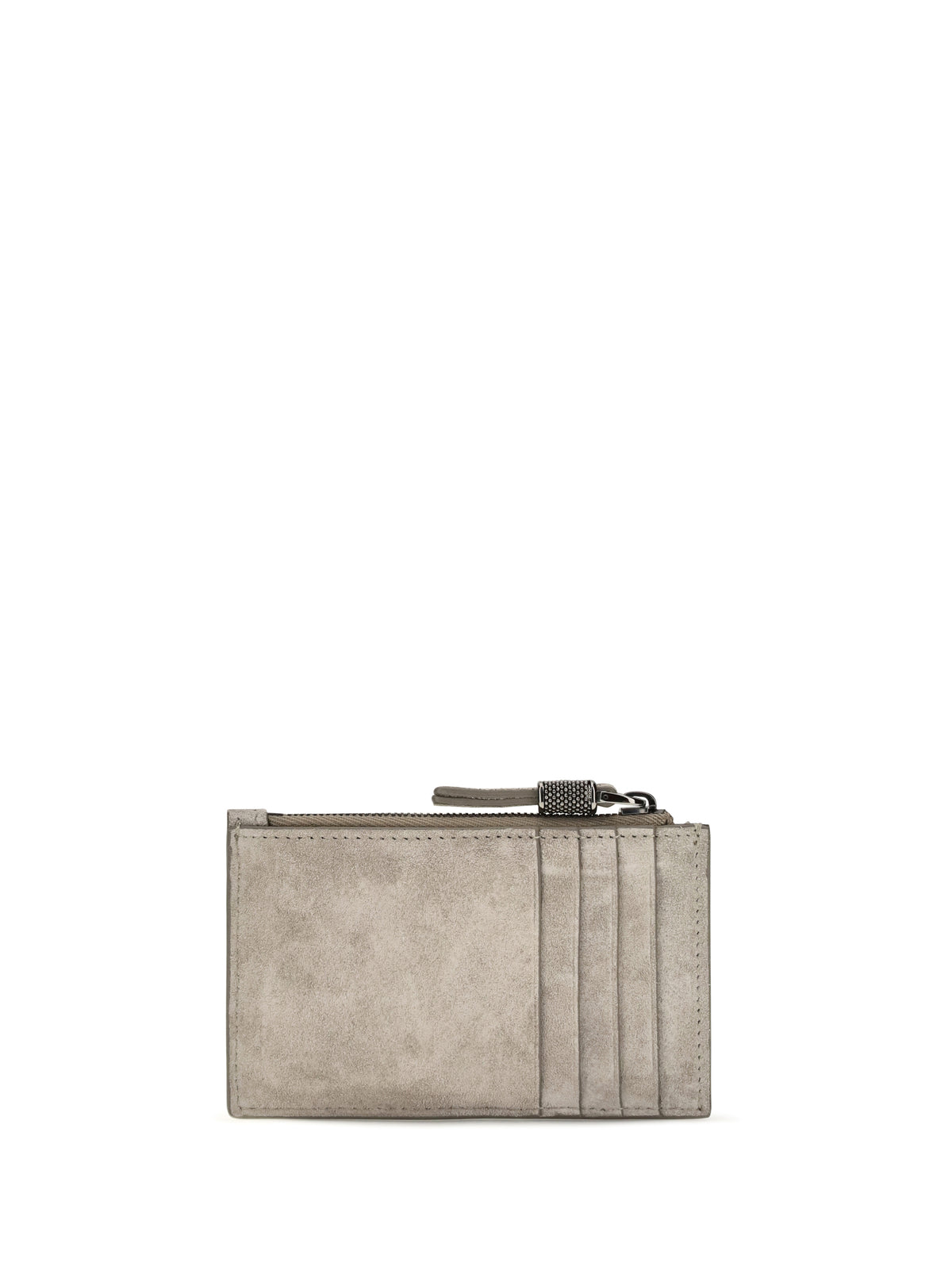 Brunello Cucinelli Suede Card Holder with Shiny Zipper Pull - Ice