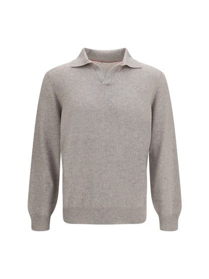 Brunello Cucinelli Mouliné cashmere knit Polo - Roccia+Ciottolo