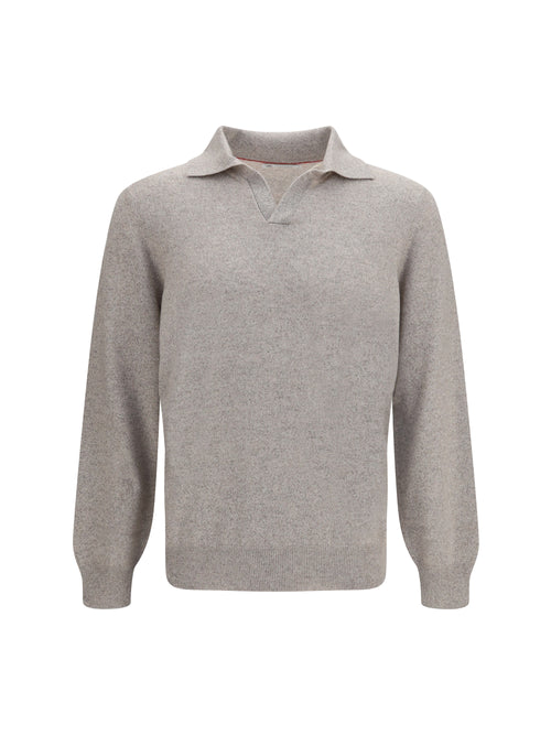 Brunello Cucinelli Mouliné cashmere knit Polo - Roccia+Ciottolo