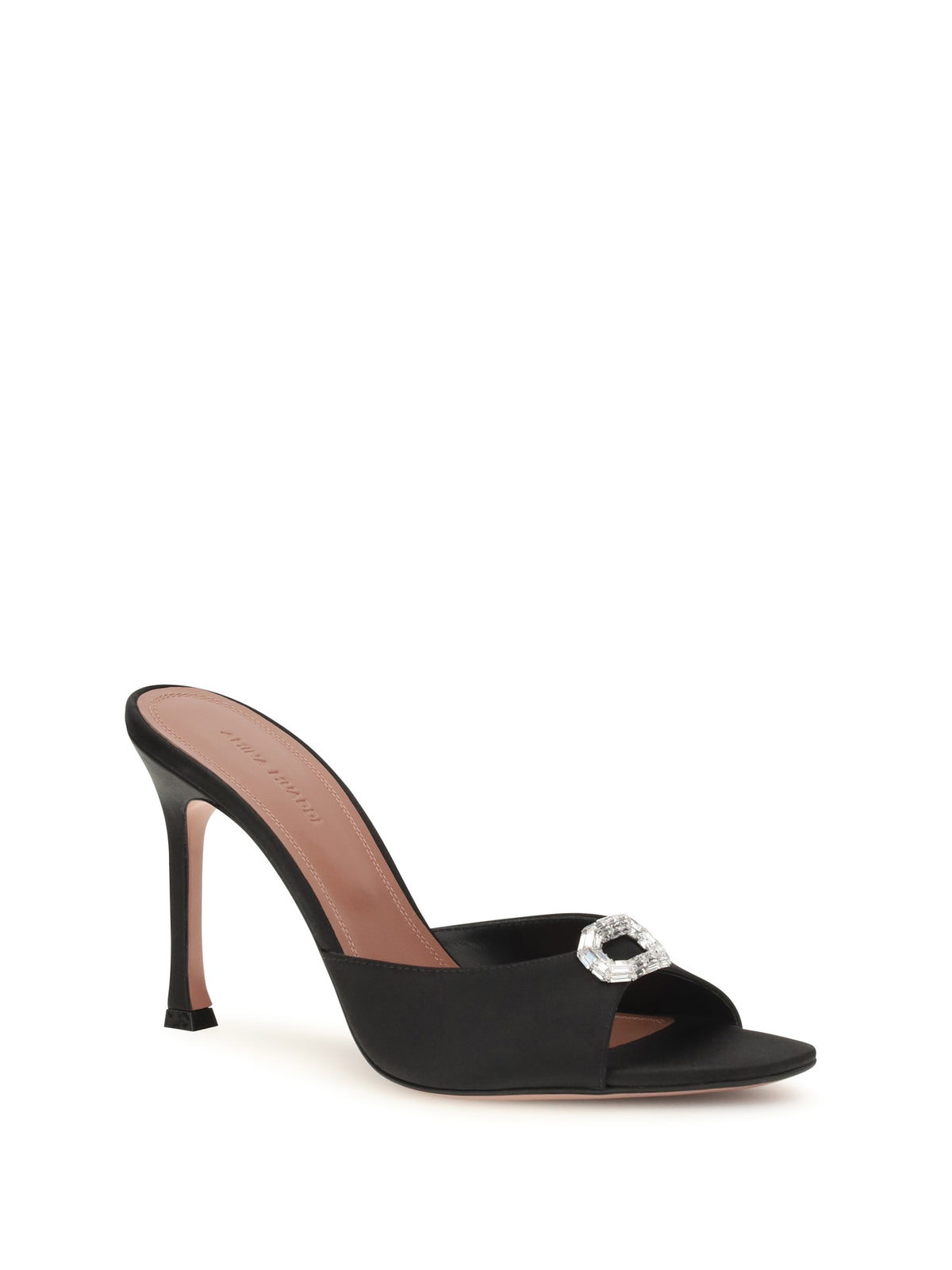 Amina Muaddi Camelia Mule Sandals - Black Satin+White Crystal Buckle