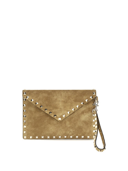 Valentino Garavani Medium Rockstud Clutch in suede - Havana Beige