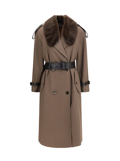 Burberry Long cotton Trench Coat with buffalo leather collar - Sepia Brown