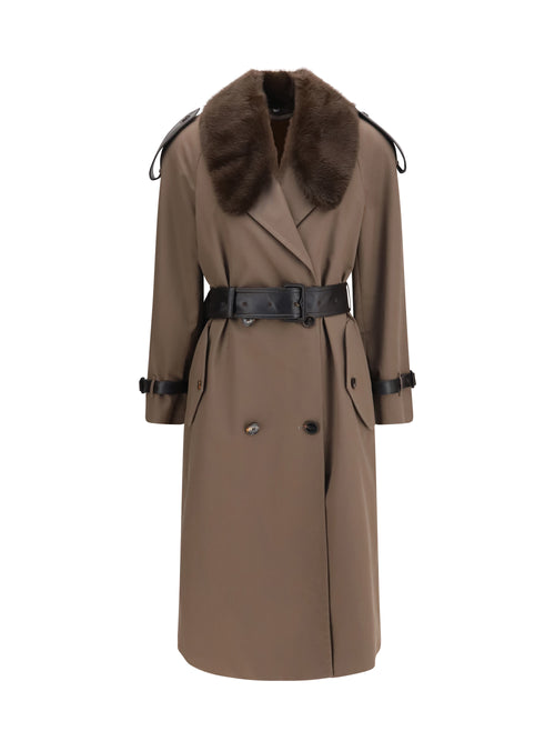 Burberry Long cotton Trench Coat with buffalo leather collar - Sepia Brown