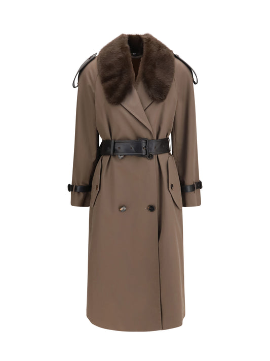 Burberry Long cotton Trench Coat with buffalo leather collar - Sepia Brown