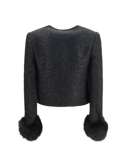 Self-Portrait Metallic bouclé Jacket with faux fur cuffs - Black