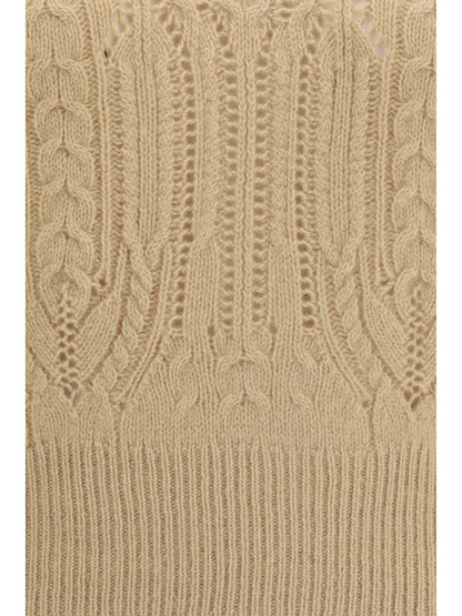 Ermanno Scervino Long sleeve cable knit and openwork cashmere Sweater - Melange Beige