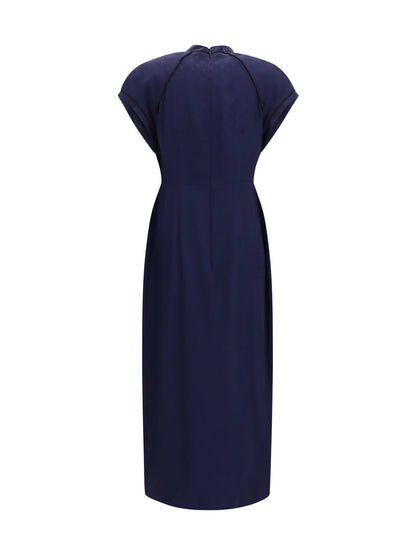Alessandra Rich Silk midi Dress with buttons and contrast piping - Navy Blue