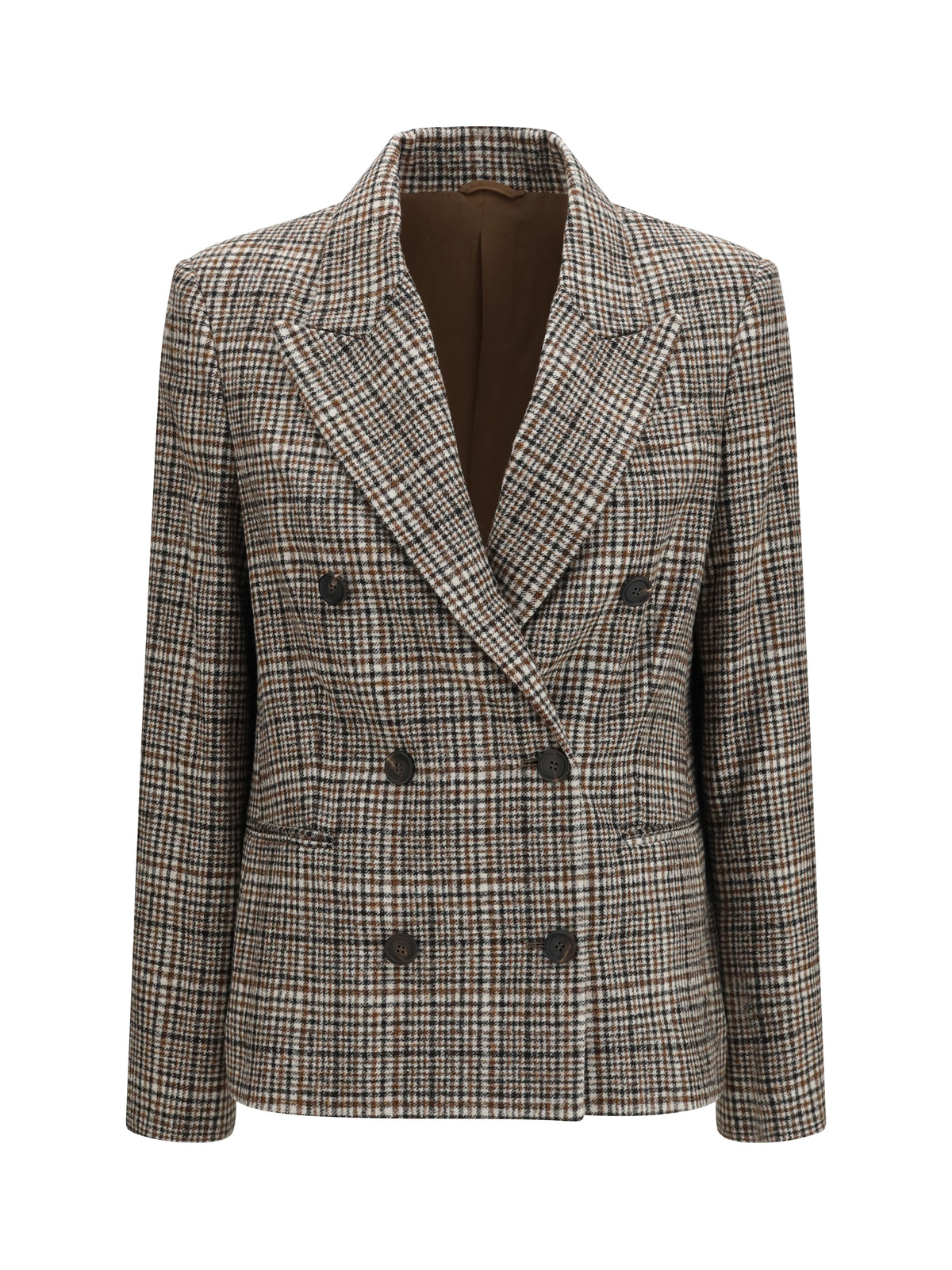 Brunello Cucinelli Double-breasted Jacket in alpaca and wool blend - Beige/Tobacco/Black