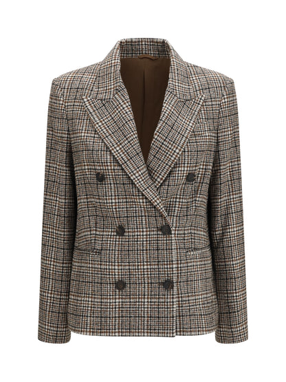 Brunello Cucinelli Double-breasted Jacket in alpaca and wool blend - Beige/Tobacco/Black