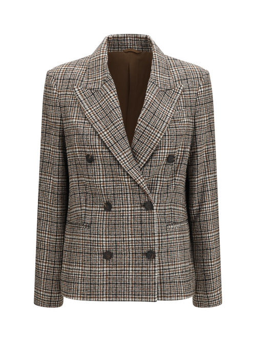 Brunello Cucinelli Double-breasted Jacket in alpaca and wool blend - Beige/Tobacco/Black