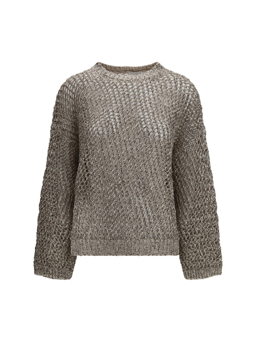 Brunello Cucinelli Dazzling Chiné silk and linen open-knit Sweater - Pietra+Marrone