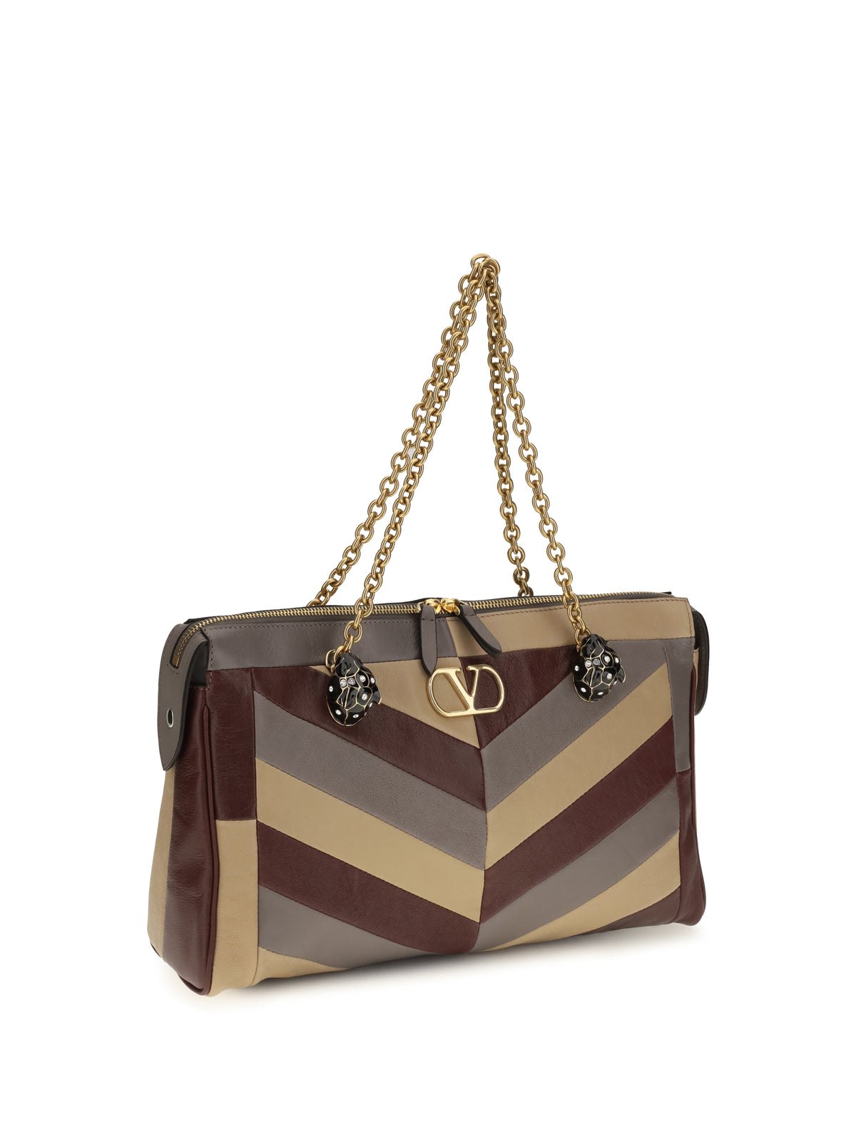 Valentino Medium Panthea Chevron nappa Shoulder Bag - Ruby/Warm Grey/Beige Duna