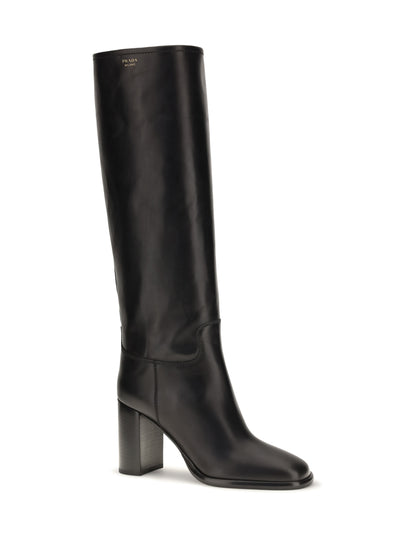 Prada High leather Boots with screen-printed Logo - Black
