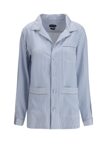 Tom Ford Striped Silk PJ Shirt - Sky Blue/Off White