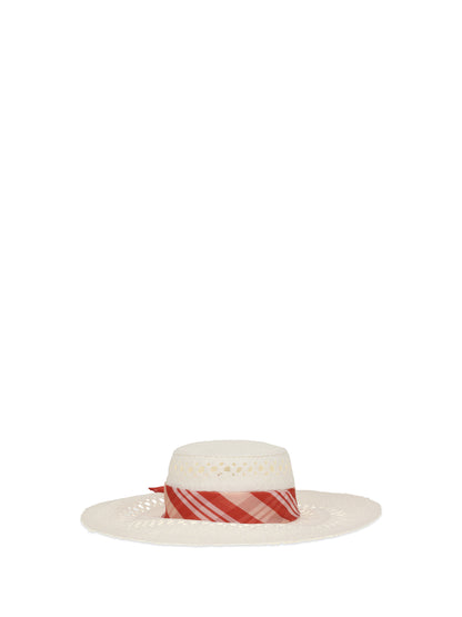 Ermanno Scervino Wide-brim Hat with vichy print silk scarf - Banana Crepe/Biondo