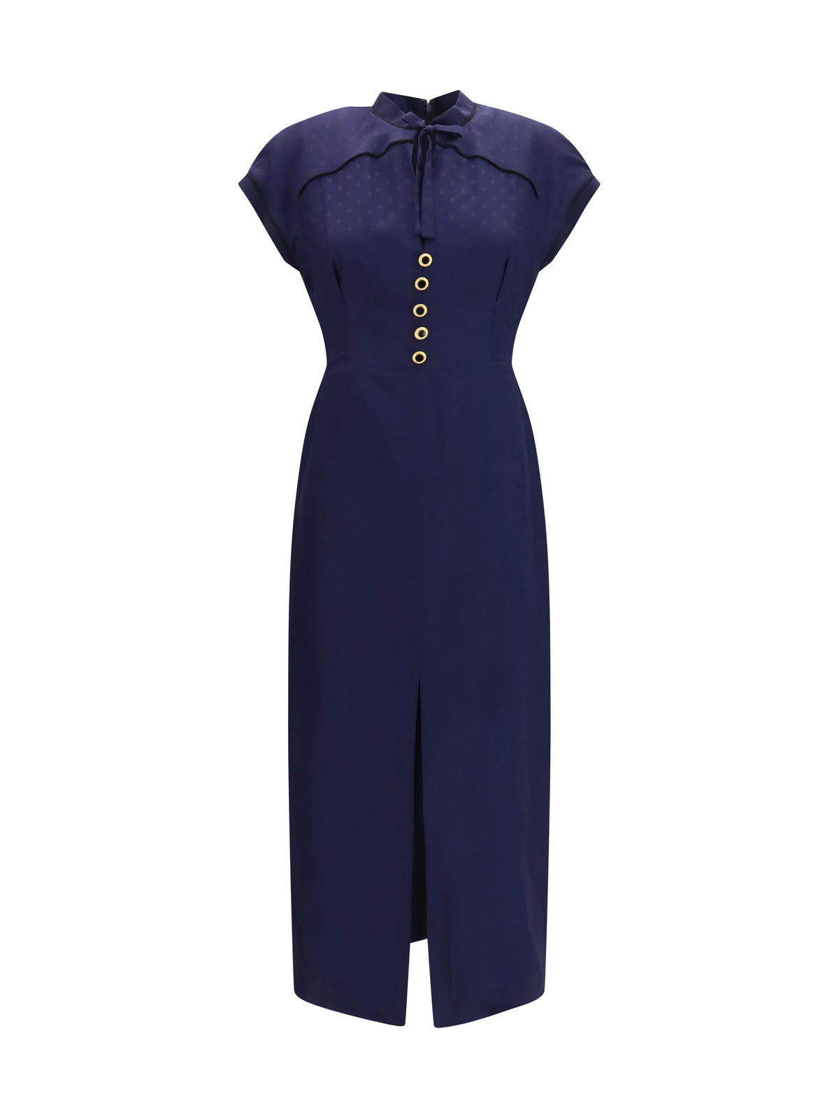 Alessandra Rich Silk midi Dress with buttons and contrast piping - Navy Blue