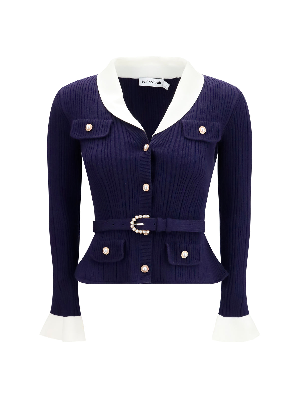 Self-Portrait Ribbed Cardigan - Navy