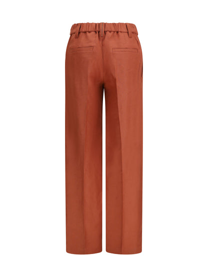 Brunello Cucinelli Wide-Leg Pants in linen with elastic waistband and belt loops - Orange Flame