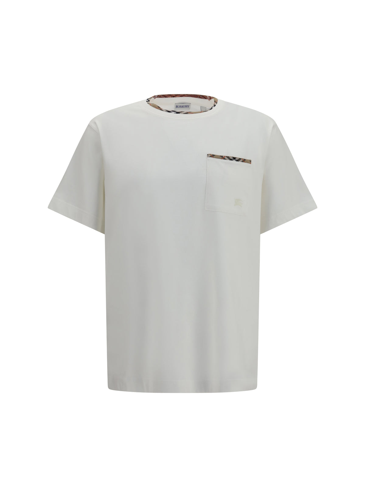 Burberry Cotton T-shirt with Check Trims - Chalk