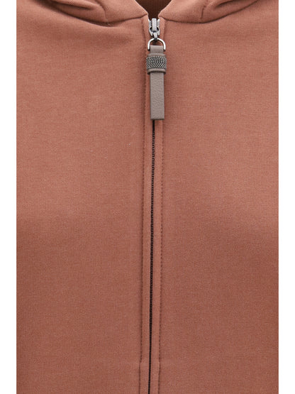 Brunello Cucinelli Hooded smooth cotton Sweatshirt with shiny zipper pull - Brandy Brown