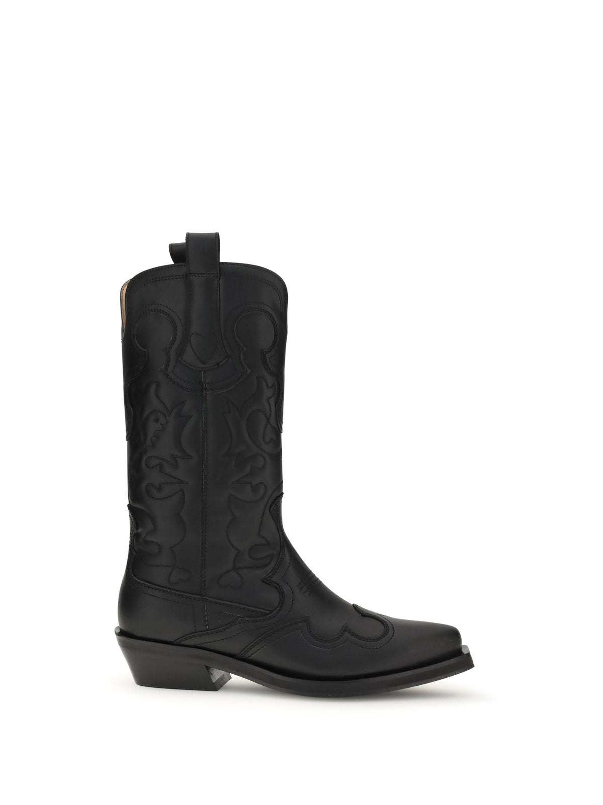 Ganni Embroidered Western Boots - Black/Black