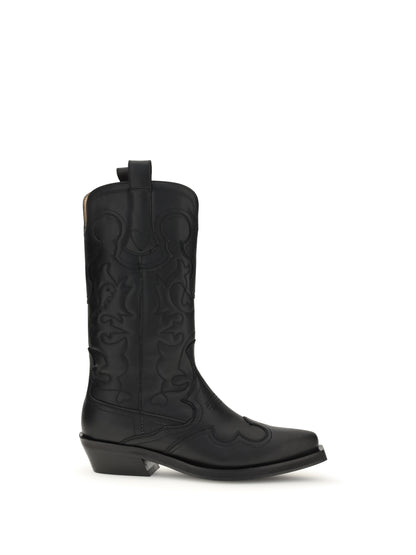 Ganni Embroidered Western Boots - Black/Black
