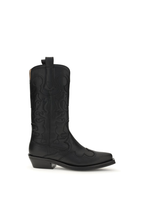 Ganni Embroidered Western Boots - Black/Black