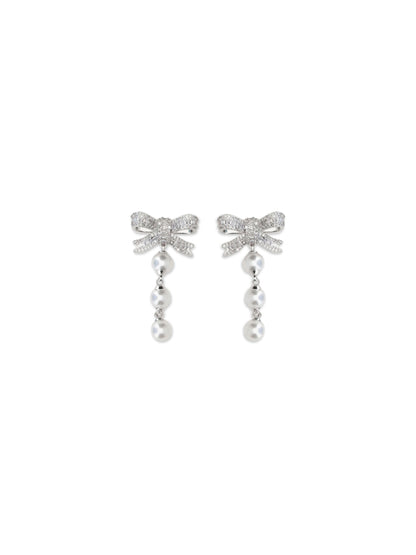 SELF-PORTRAIT Crystal bow and pearl drop Earrings