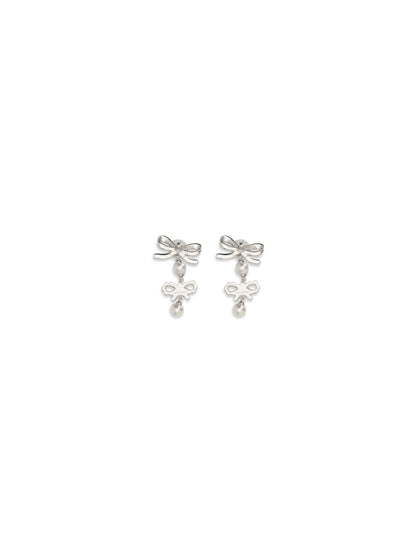 Self-Portrait Double Bow Pearl Earrings - Silver