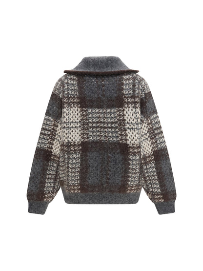Brunello Cucinelli Checked wool zip Cardigan - Ivory/Piombo/Anthracite