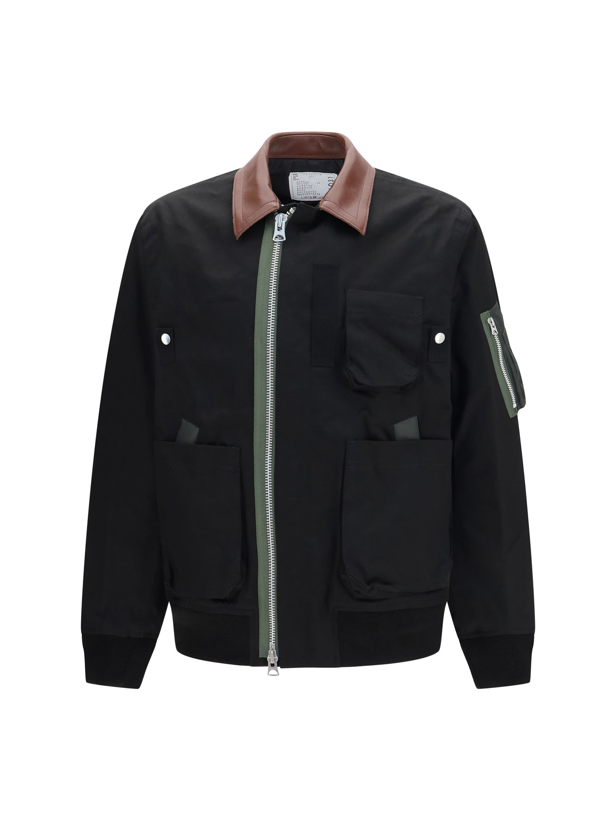 Sacai Cotton Bomber Jacket with leather details - Black
