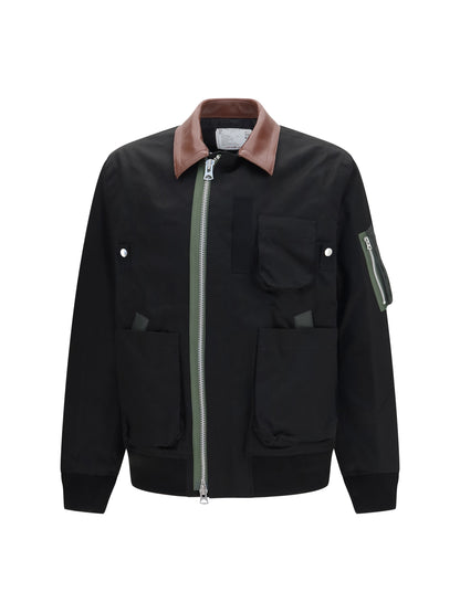 Sacai Cotton Bomber Jacket with leather details - Black