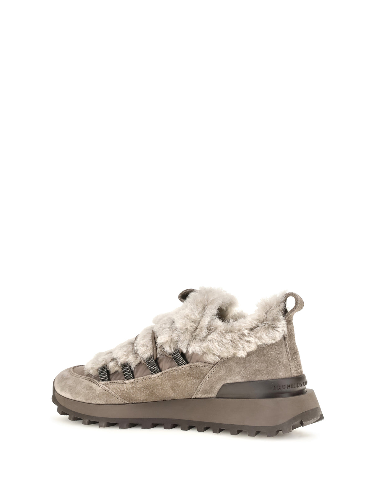 Brunello Cucinelli Suede and tech cotton Sneakers with shearling lining and monili detail - Taiga