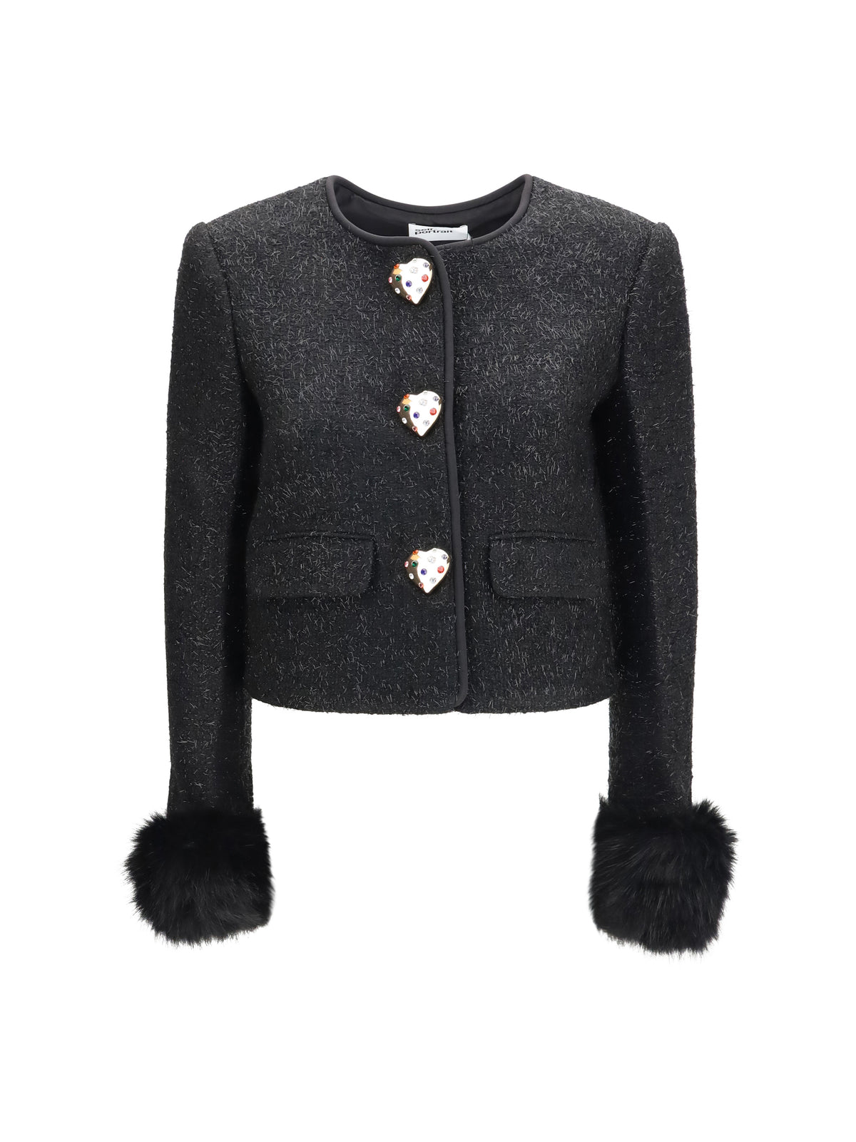 Self-Portrait Metallic bouclé Jacket with faux fur cuffs - Black