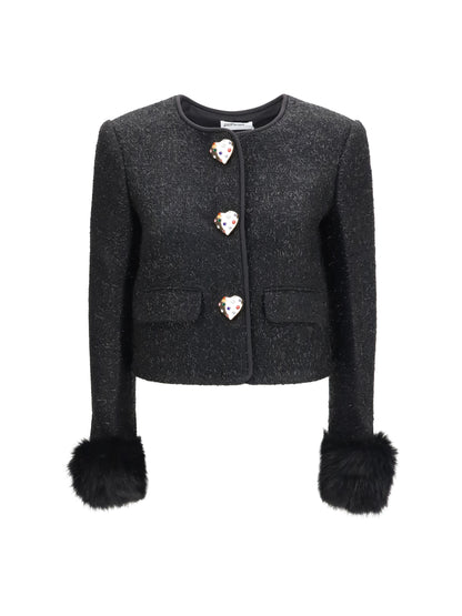 Self-Portrait Metallic bouclé Jacket with faux fur cuffs - Black