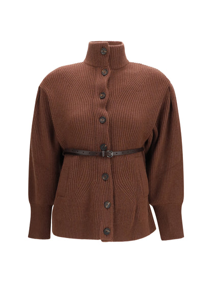 Brunello Cucinelli High neck Cardigan with belt - Cioccolato