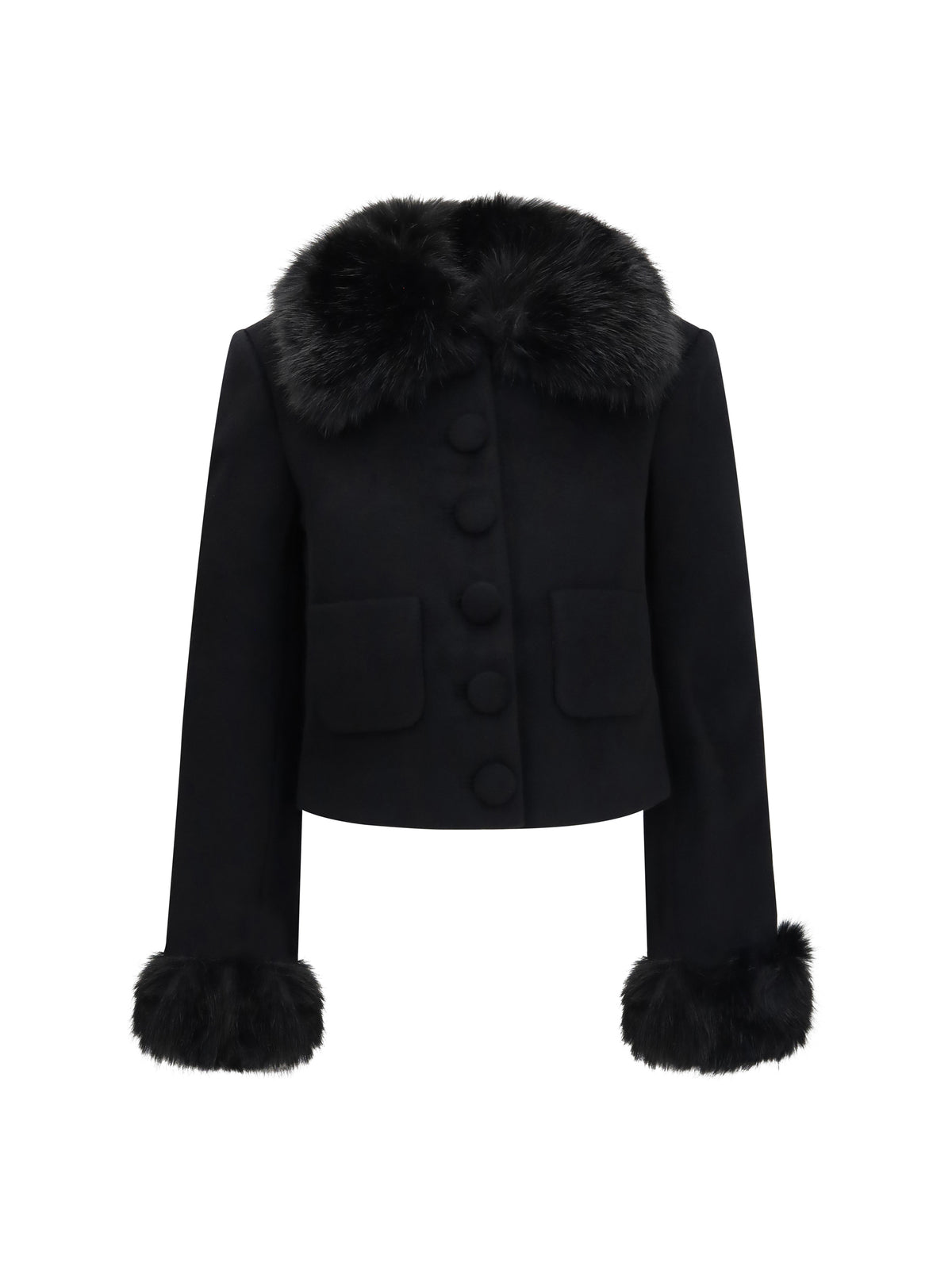 Self-Portrait Wool-blend Jacket with faux fur cuffs - Black