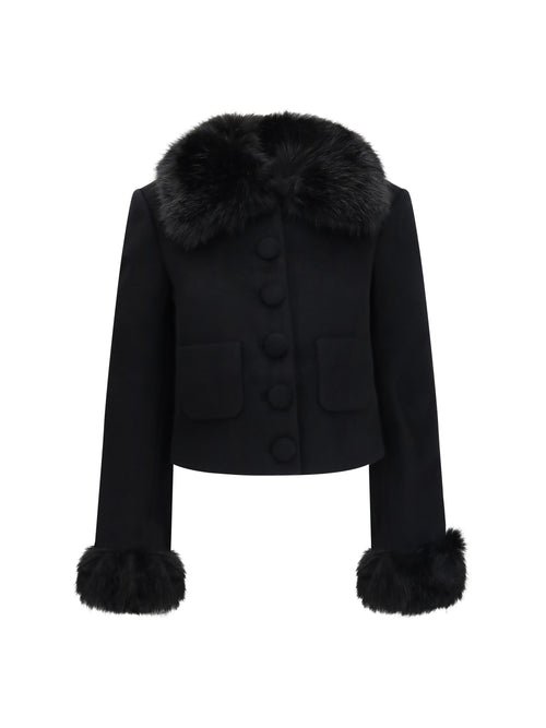 Self-Portrait Wool-blend Jacket with faux fur cuffs - Black
