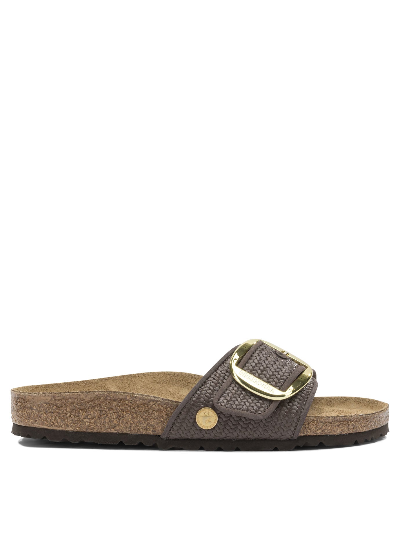 Birkenstock "Madrid Big Buckle Raffia" Slides - Brown