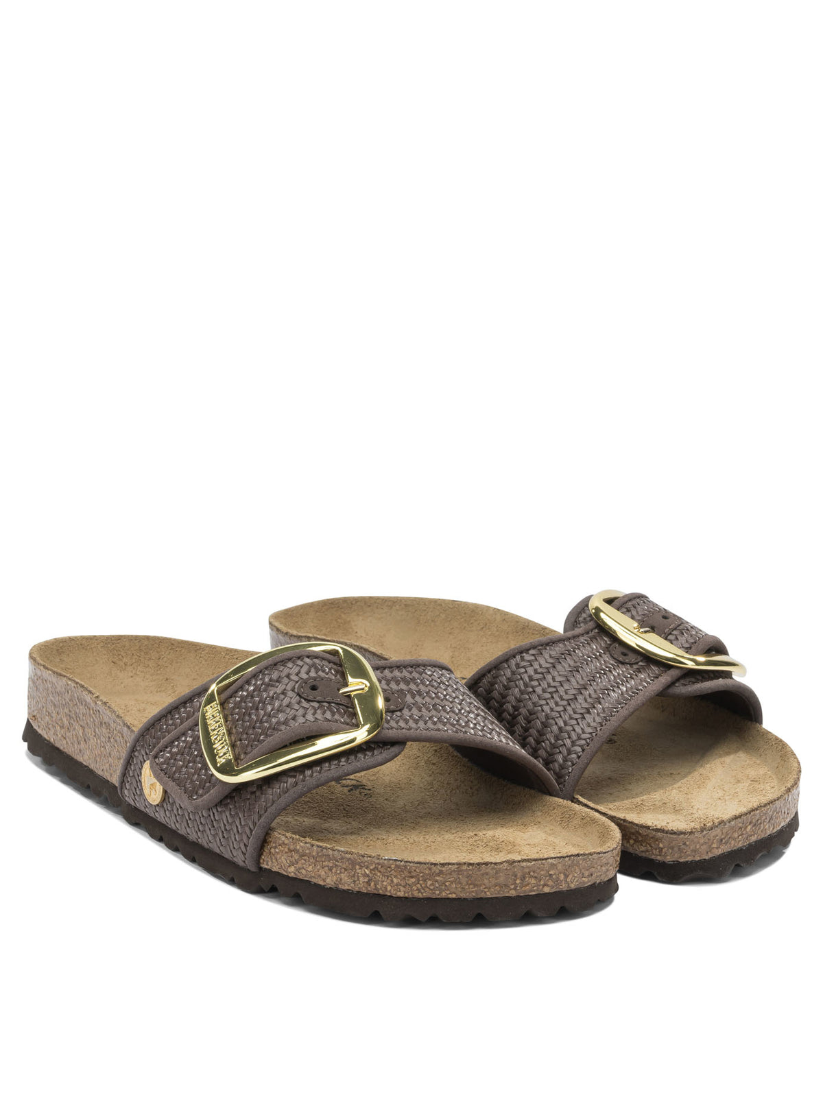 Birkenstock "Madrid Big Buckle Raffia" Slides - Brown