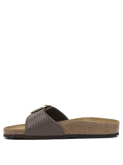 Birkenstock "Madrid Big Buckle Raffia" Slides - Brown
