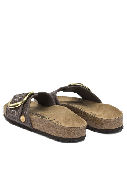 Birkenstock "Madrid Big Buckle Raffia" Slides - Brown