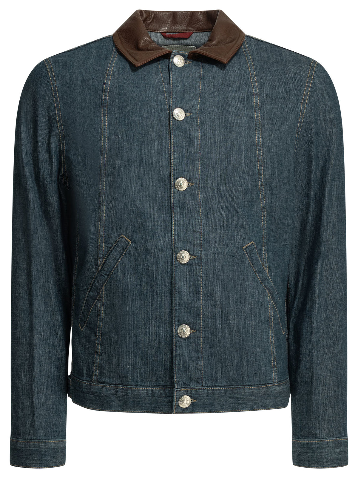 Brunello Cucinelli Denim jacket with leather collar - Blue