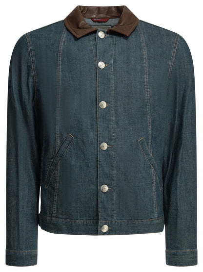 Brunello Cucinelli Denim jacket with leather collar - Blue