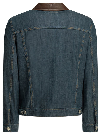 Brunello Cucinelli Denim jacket with leather collar - Blue