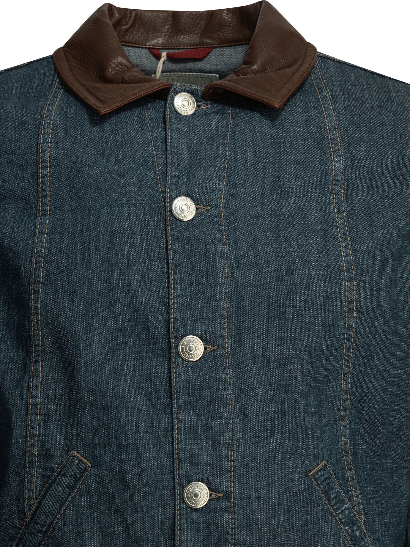 Brunello Cucinelli Denim jacket with leather collar - Blue